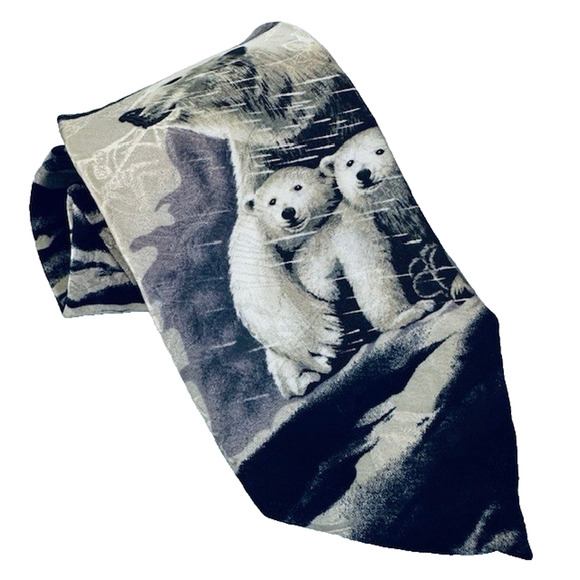 Endangered Species Men's Neck Tie Artic Polar Bears, Blk/White/Blu 100% Silk USA - Picture 1 of 14